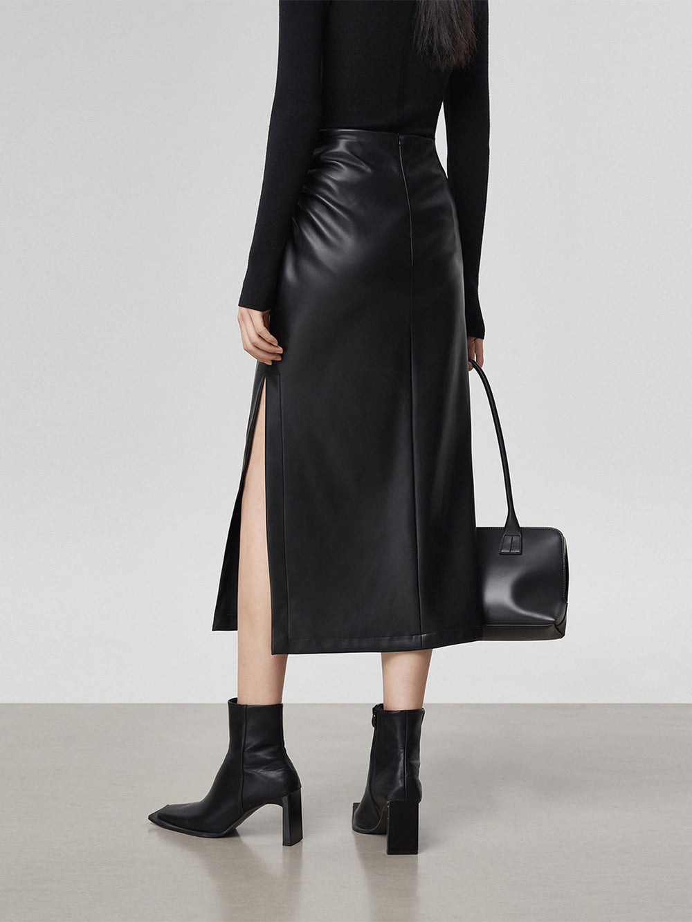 Faux Leather Ruched Slit Midi Skirt  Liora Lane Boutique Skirts