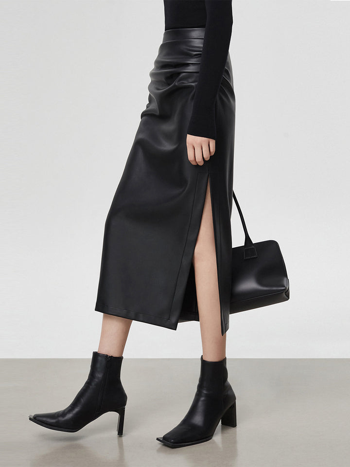 Faux Leather Ruched Slit Midi Skirt  Liora Lane Boutique Skirts