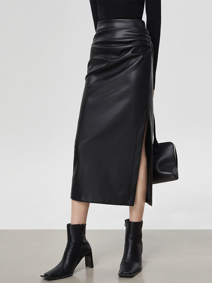 Faux Leather Ruched Slit Midi Skirt  Liora Lane Boutique Skirts