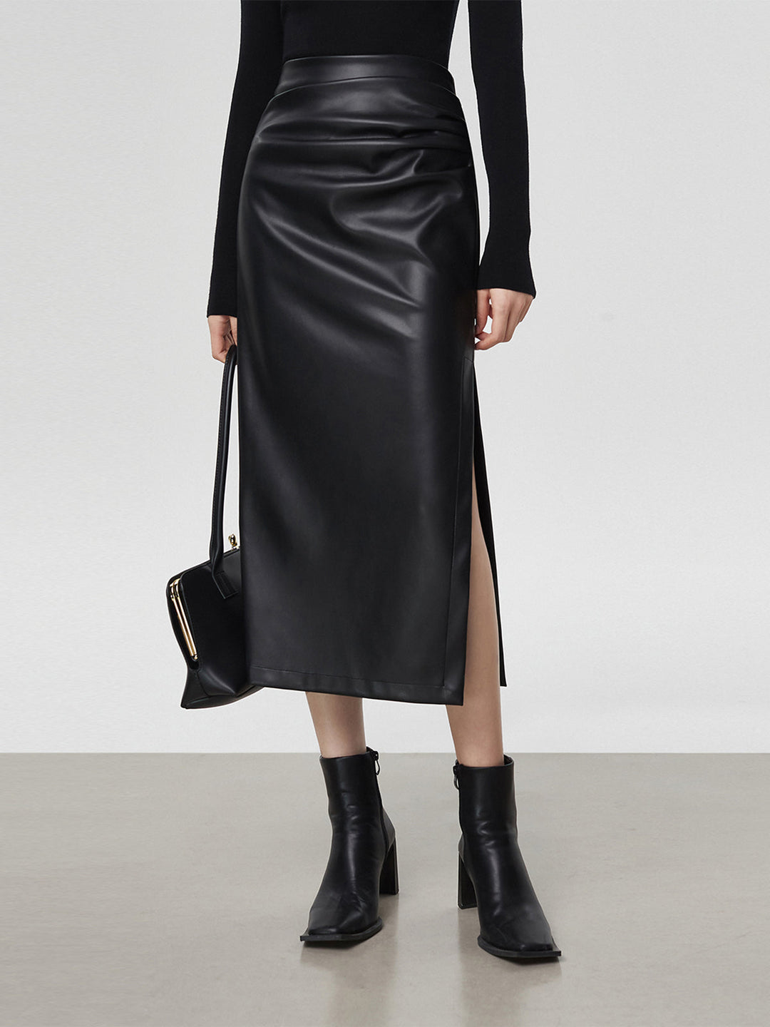 Faux Leather Ruched Slit Midi Skirt  Liora Lane Boutique Skirts Black / XL 35.00