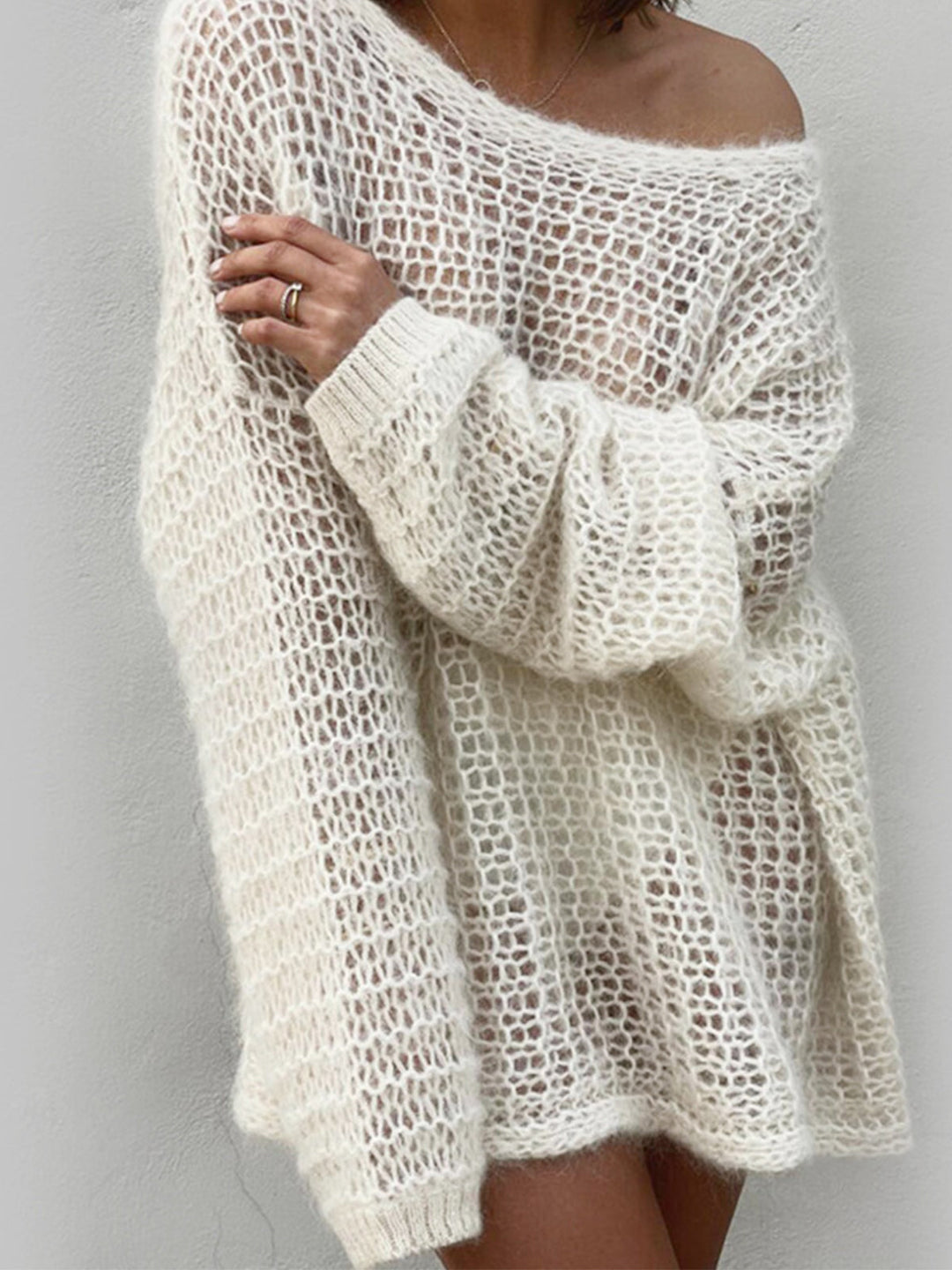 Sheer Open Knit Oversized Sweater  Liora Lane Boutique Sweaters Off-White / XL 28.00