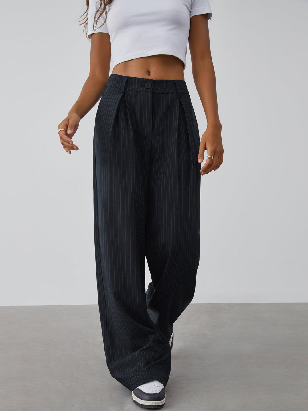 Shock Value Pinstripe Wide Leg Dress Pants  Liora Lane Boutique Pants Blue / XL 45.00