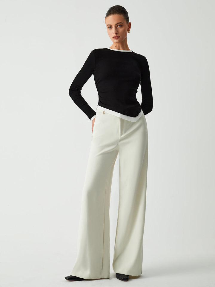 Asymmetric Hem Contrast Trim Long Sleeve Shirt  Liora Lane Boutique T-Shirts