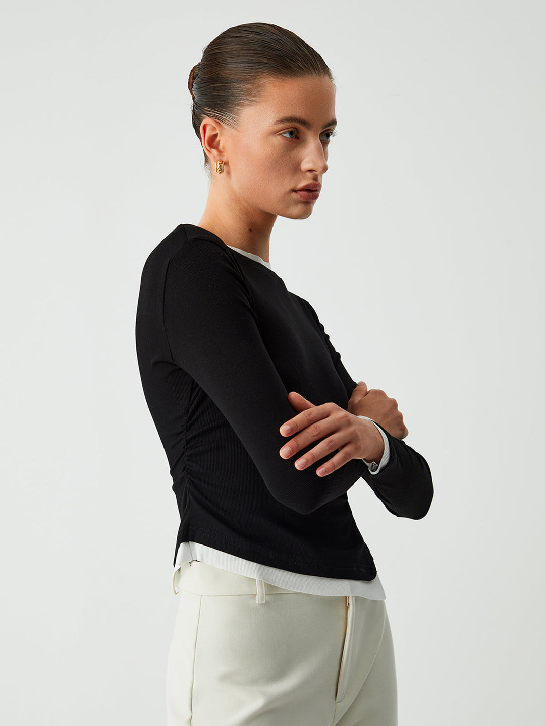 Asymmetric Hem Contrast Trim Long Sleeve Shirt  Liora Lane Boutique T-Shirts