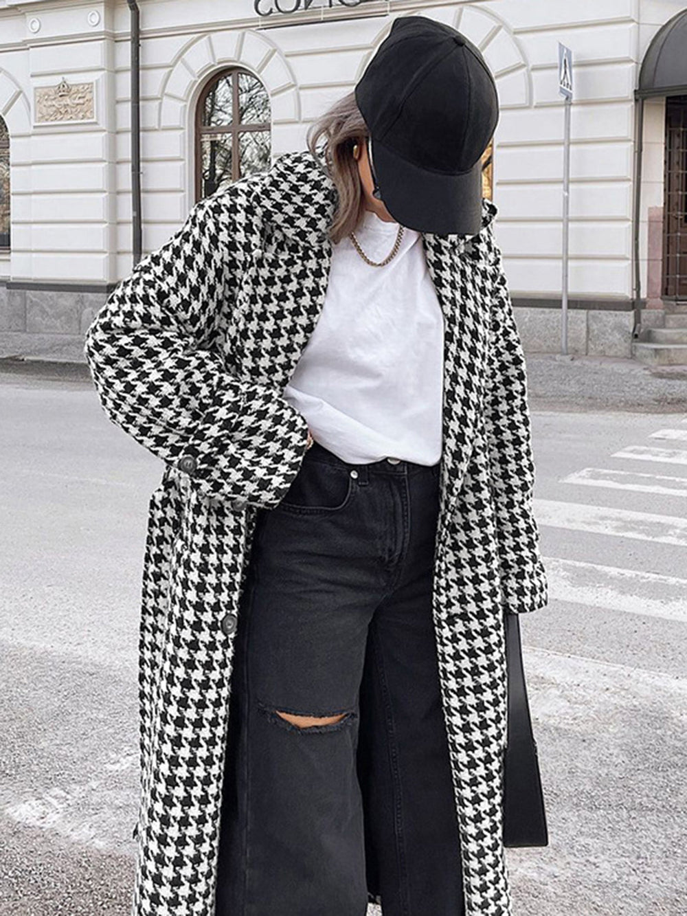 Oversized Houndstooth Tweed Trench Coat  Liora Lane Boutique Wool Coats