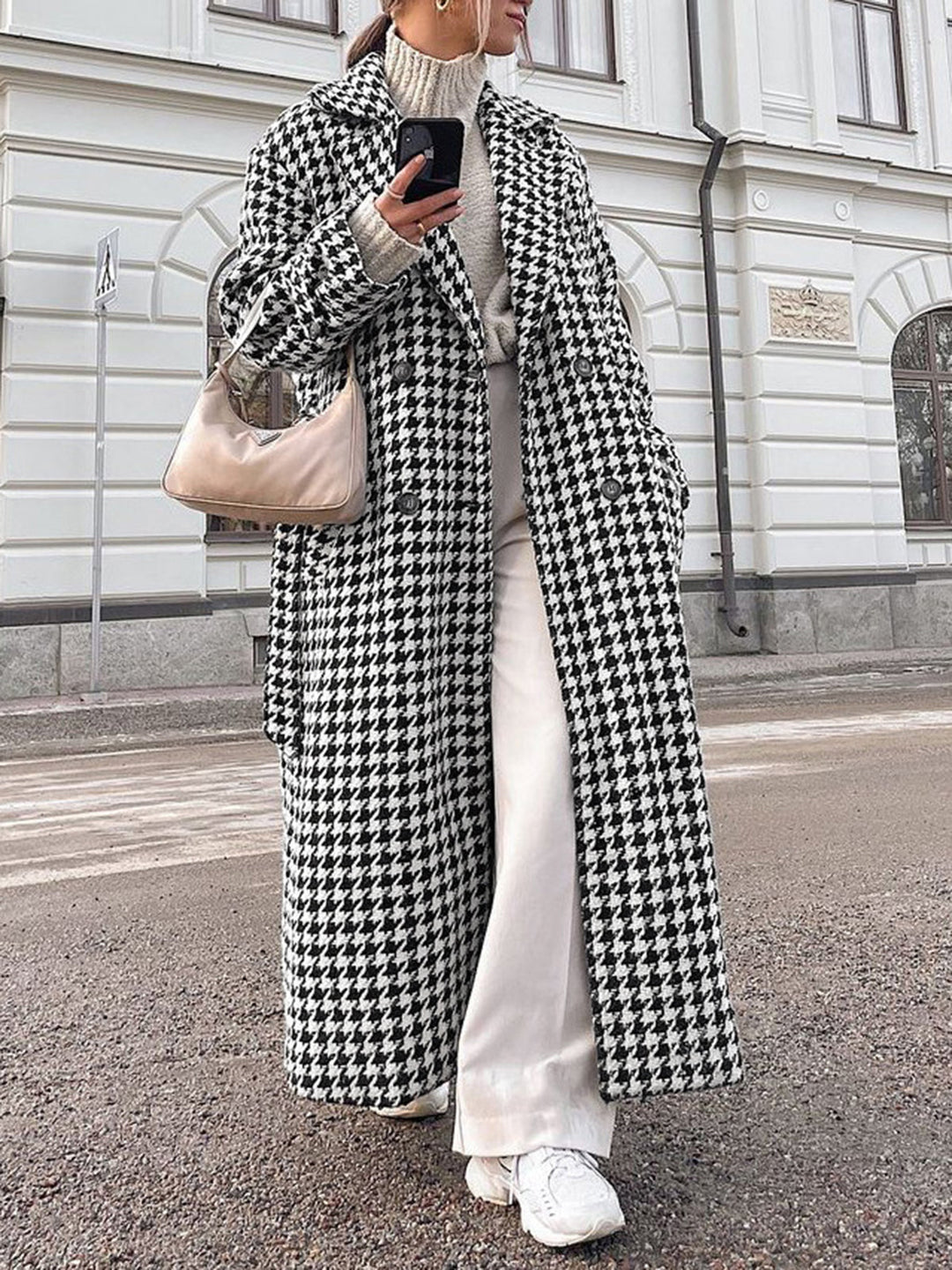 Oversized Houndstooth Tweed Trench Coat  Liora Lane Boutique Wool Coats Black / XL 119.00