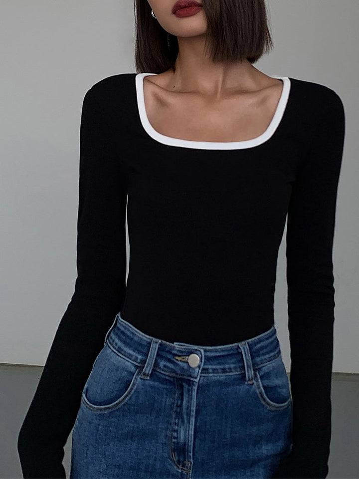 Sliver Lining Contrast Neckline Long Sleeve Top  Liora Lane Boutique T-Shirts Black / XL 28.00
