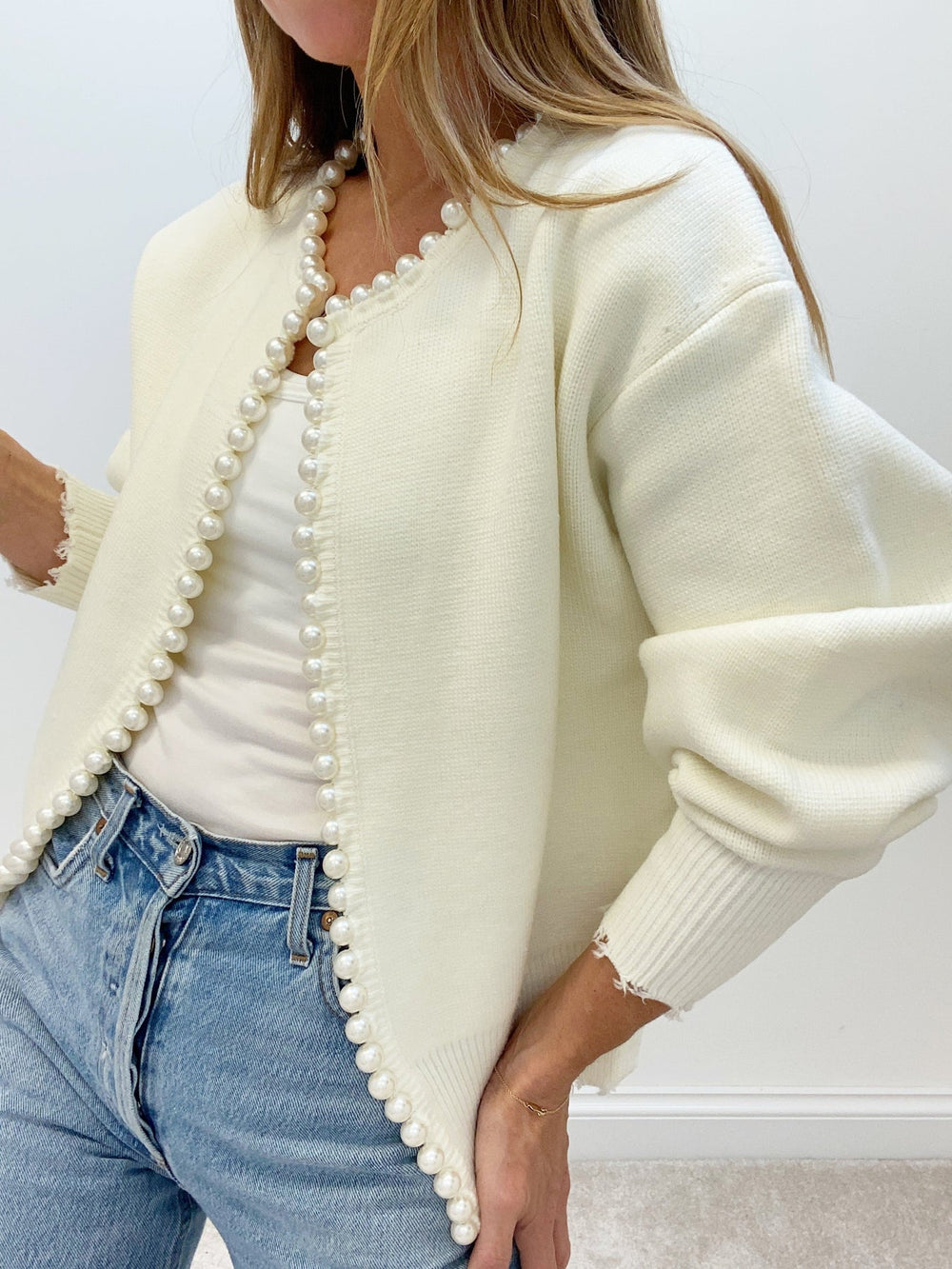 Pearl Trim Ripped Hem Cardigan  Liora Lane Boutique Cardigans