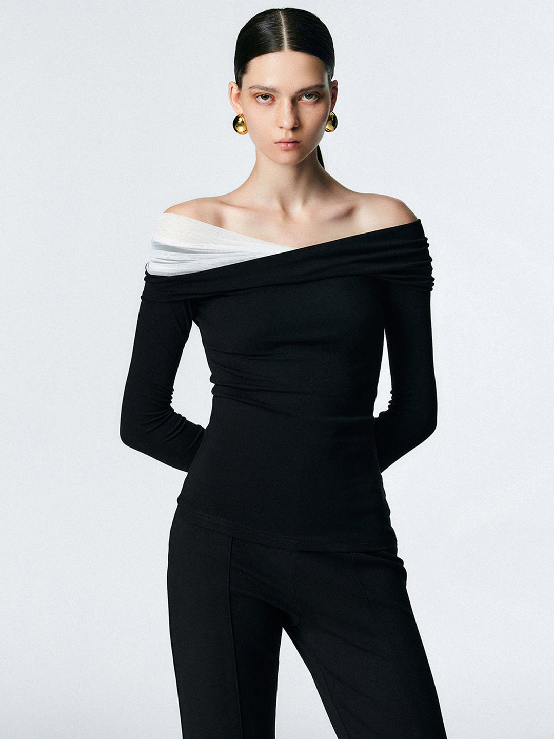 Asymmetric Off Shoulder Long Sleeve Mesh Top  Liora Lane Boutique T-Shirts Black / XL 28.00