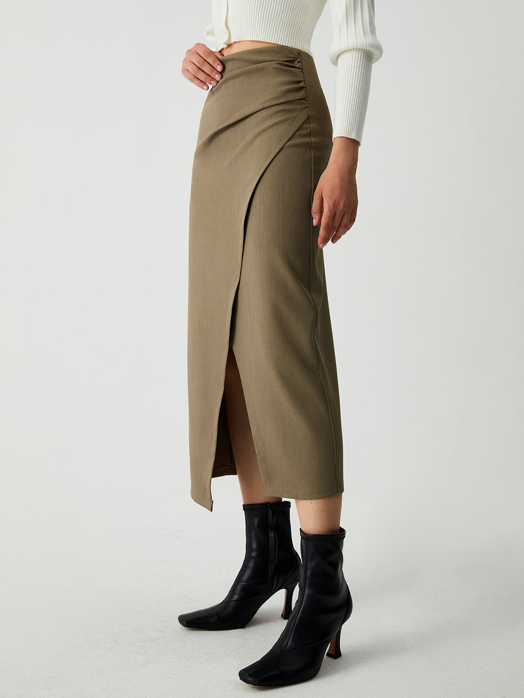 Maple Wrap Slit Midi Skirt  Liora Lane Boutique Skirts Khaki / XL 32.00