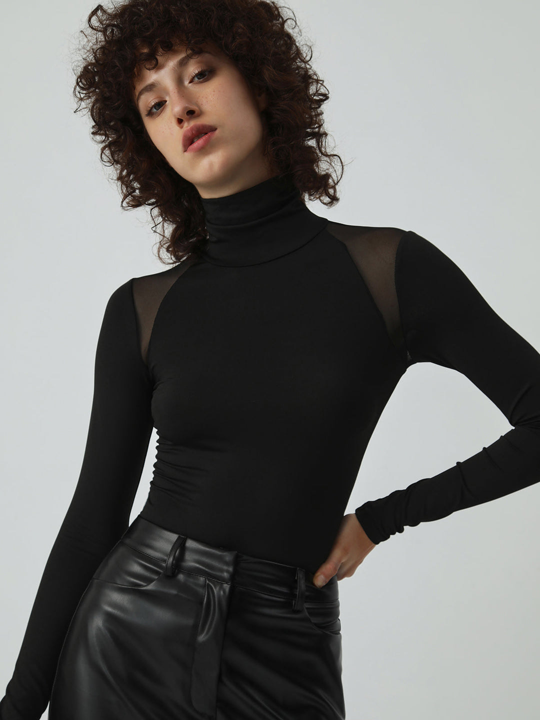 Patchwork Mesh Turtleneck Long Sleeve Bodysuit  Liora Lane Boutique Bodysuits Black / XL 28.00
