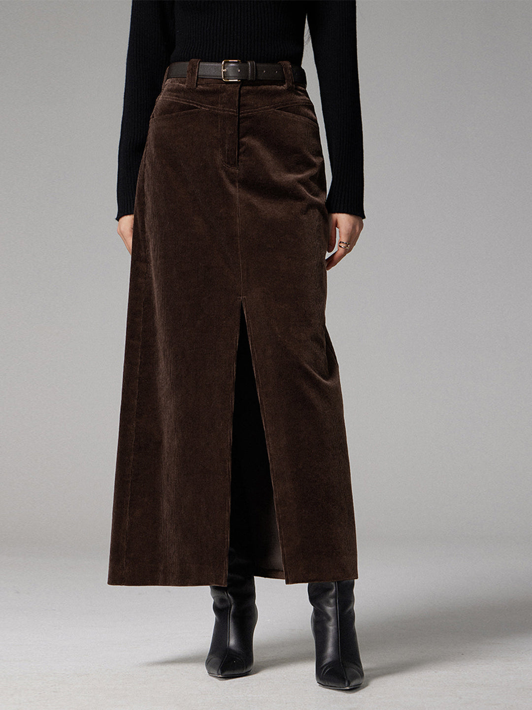 Pockets Corduroy Slit Maxi Skirt  Liora Lane Boutique Skirts Brown / XL 44.00