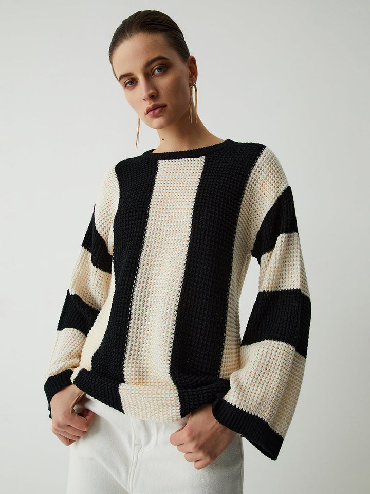 Pointelle Stripe Sweater  Liora Lane Boutique Knit Tops Apricot / XL 89.99