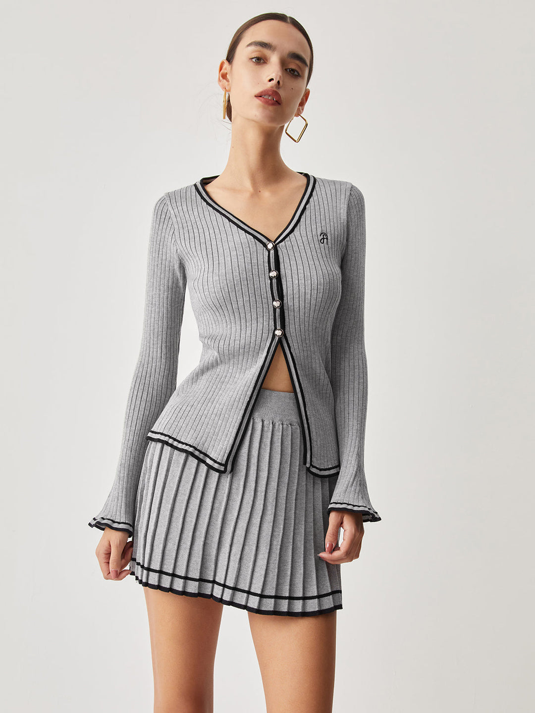 Contrast Trim Curved Cardigan With Matching Pleat Mini Skirt  Liora Lane Boutique Sweater Co-ords Grey / L 49.00