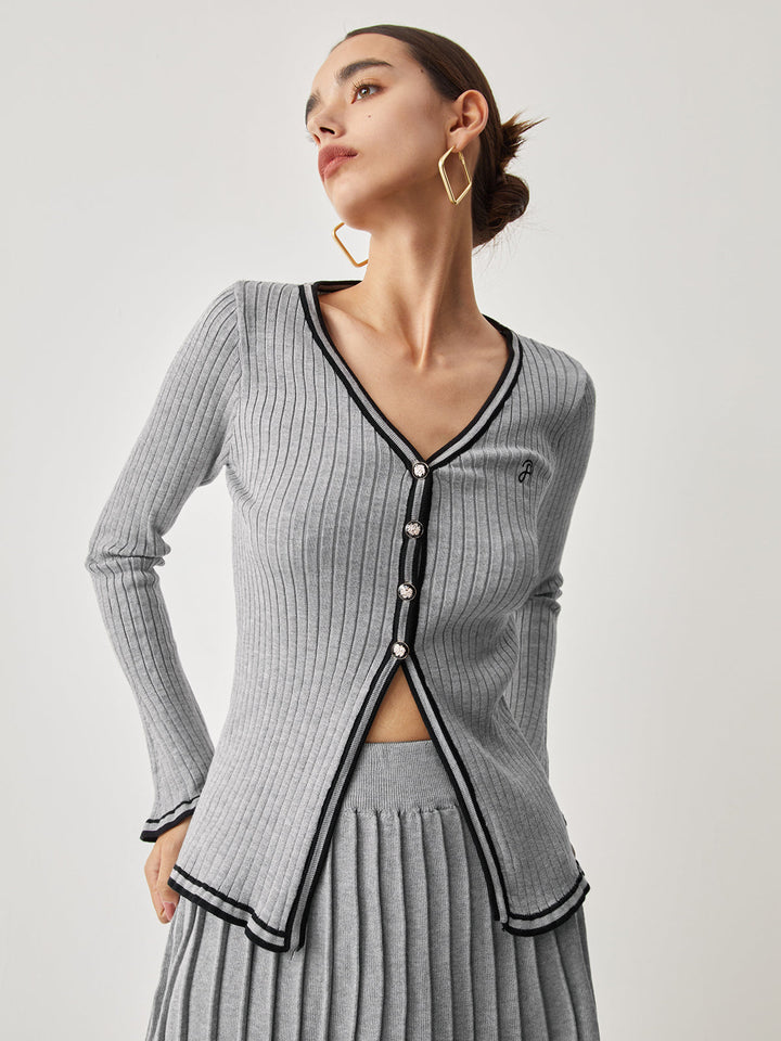Contrast Trim Curved Cardigan With Matching Pleat Mini Skirt  Liora Lane Boutique Sweater Co-ords
