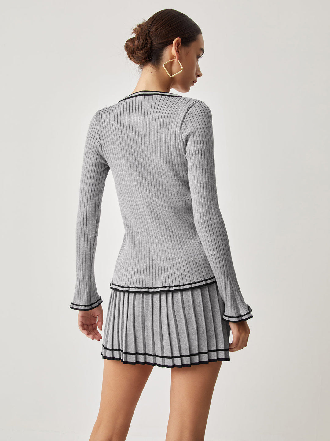 Contrast Trim Curved Cardigan With Matching Pleat Mini Skirt  Liora Lane Boutique Sweater Co-ords