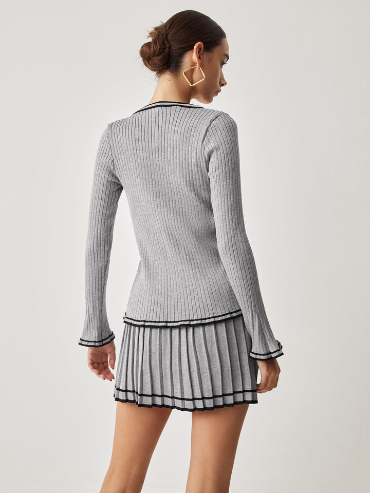 Contrast Trim Curved Cardigan With Matching Pleat Mini Skirt  Liora Lane Boutique Sweater Co-ords