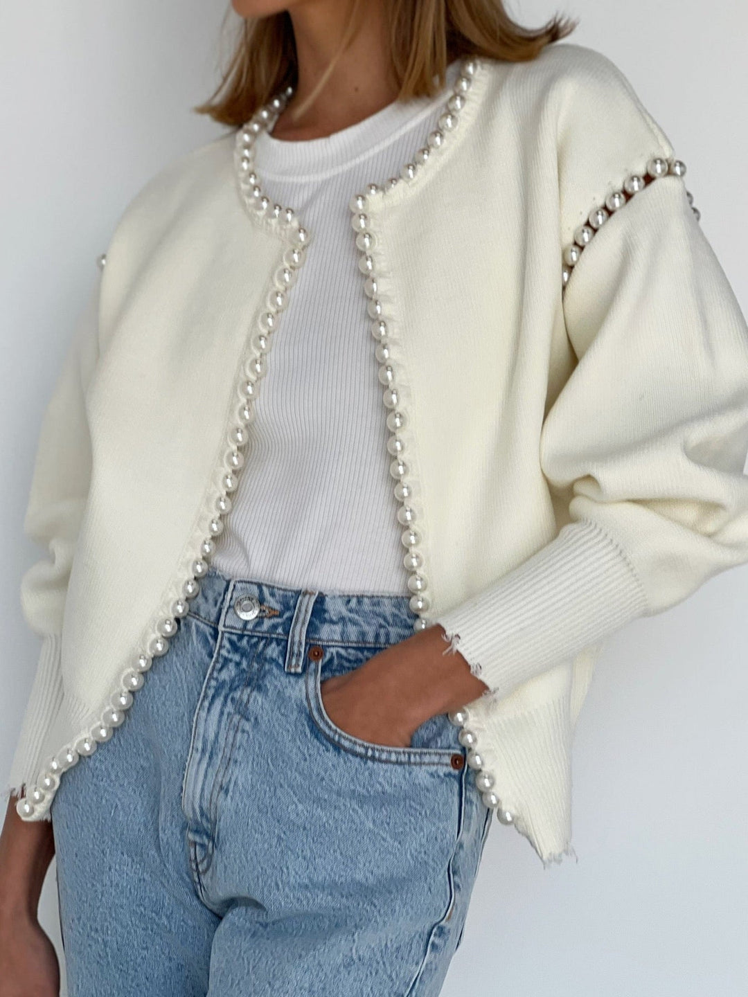 Vintage Pearl Edge Cardigan  Liora Lane Boutique Cardigans Off-White / XL 84.99