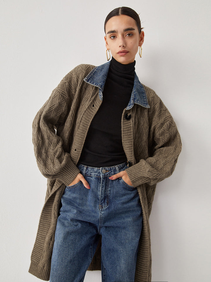 Diamond Stitch Knitting Longline Cardigan  Liora Lane Boutique Knit Outerwear Khaki / L 85.00