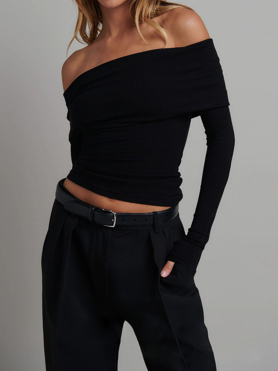 Off Shoulder Overfold Long Sleeve Crop Shirt  Liora Lane Boutique T-Shirts Black / XL 28.00