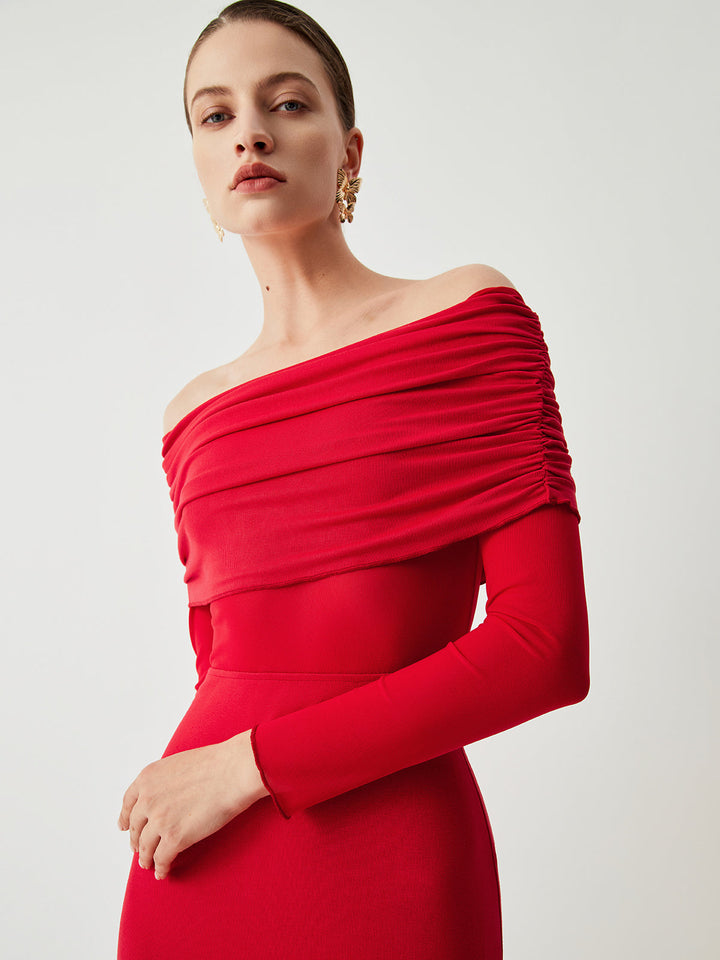 Semi-Sheer Off-Shoulder Mesh Long Sleeve Long Dress  Liora Lane Boutique Dresses