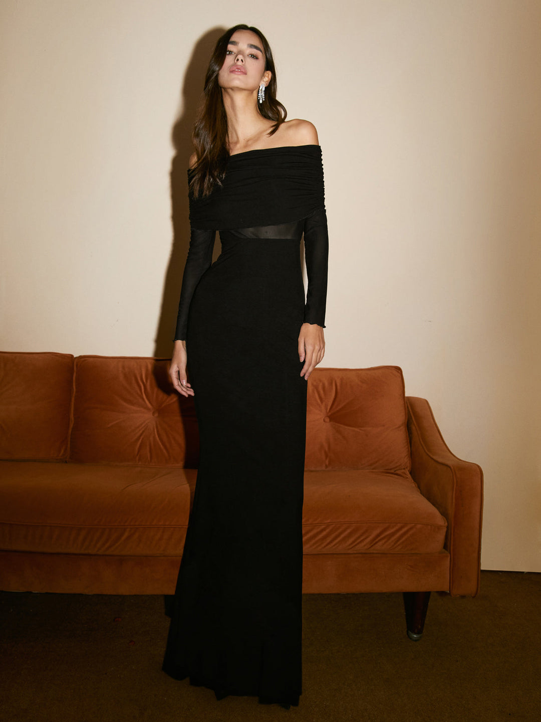 Semi-Sheer Off-Shoulder Mesh Long Sleeve Long Dress  Liora Lane Boutique Dresses Black / XL 125.99