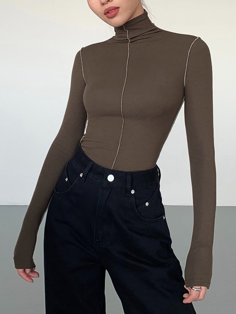 Slinky Turtleneck Contrast Trim Ribbed Knit Shirt  Liora Lane Boutique T-Shirts