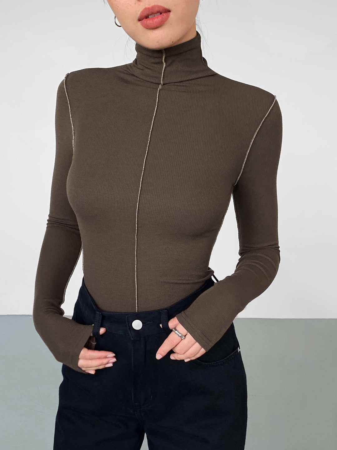 Slinky Turtleneck Contrast Trim Ribbed Knit Shirt  Liora Lane Boutique T-Shirts Brown / XL 24.00