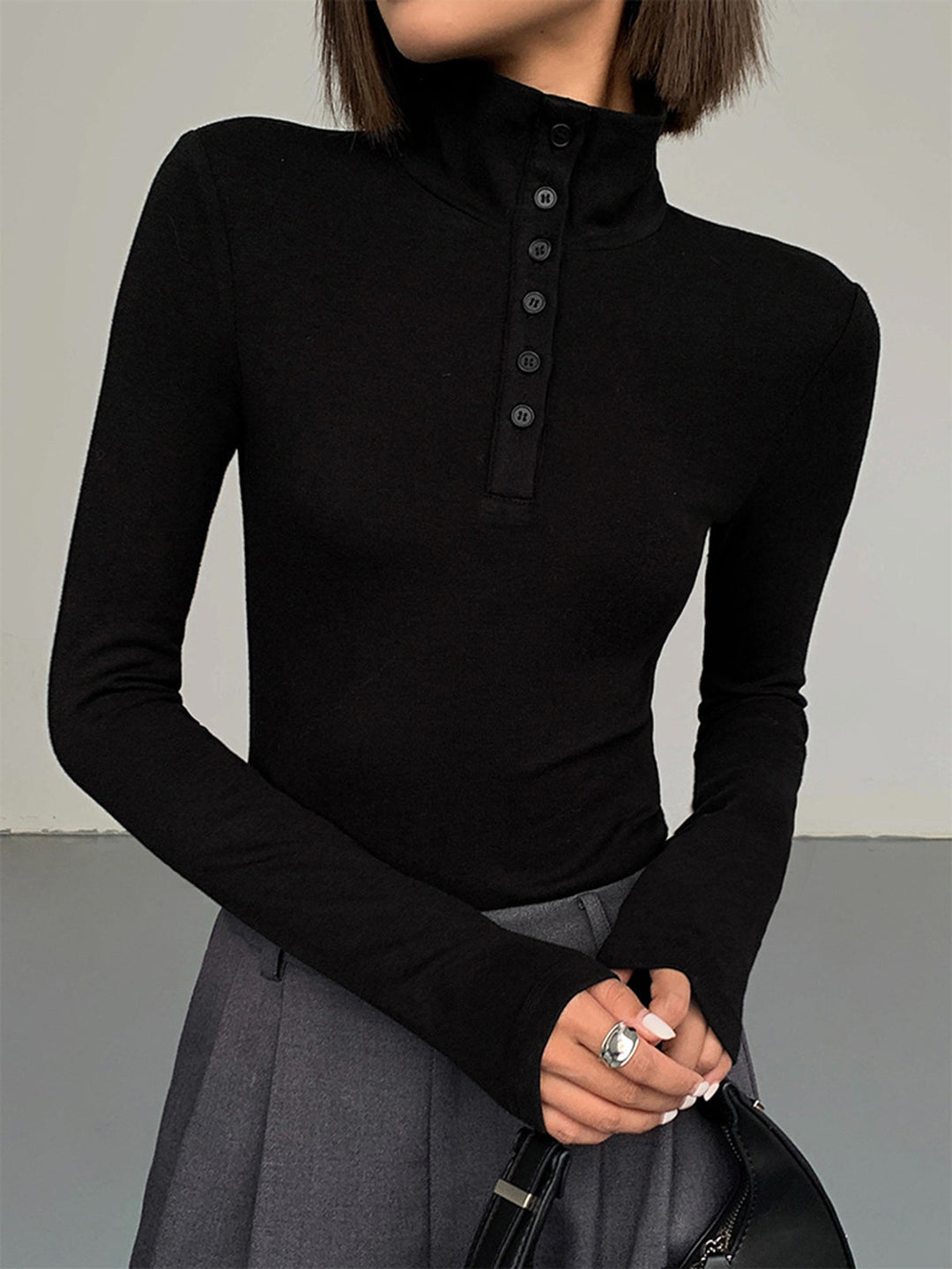 Slinky Button-up Long Sleeve Shirt  Liora Lane Boutique T-Shirts Black / XL 28.00