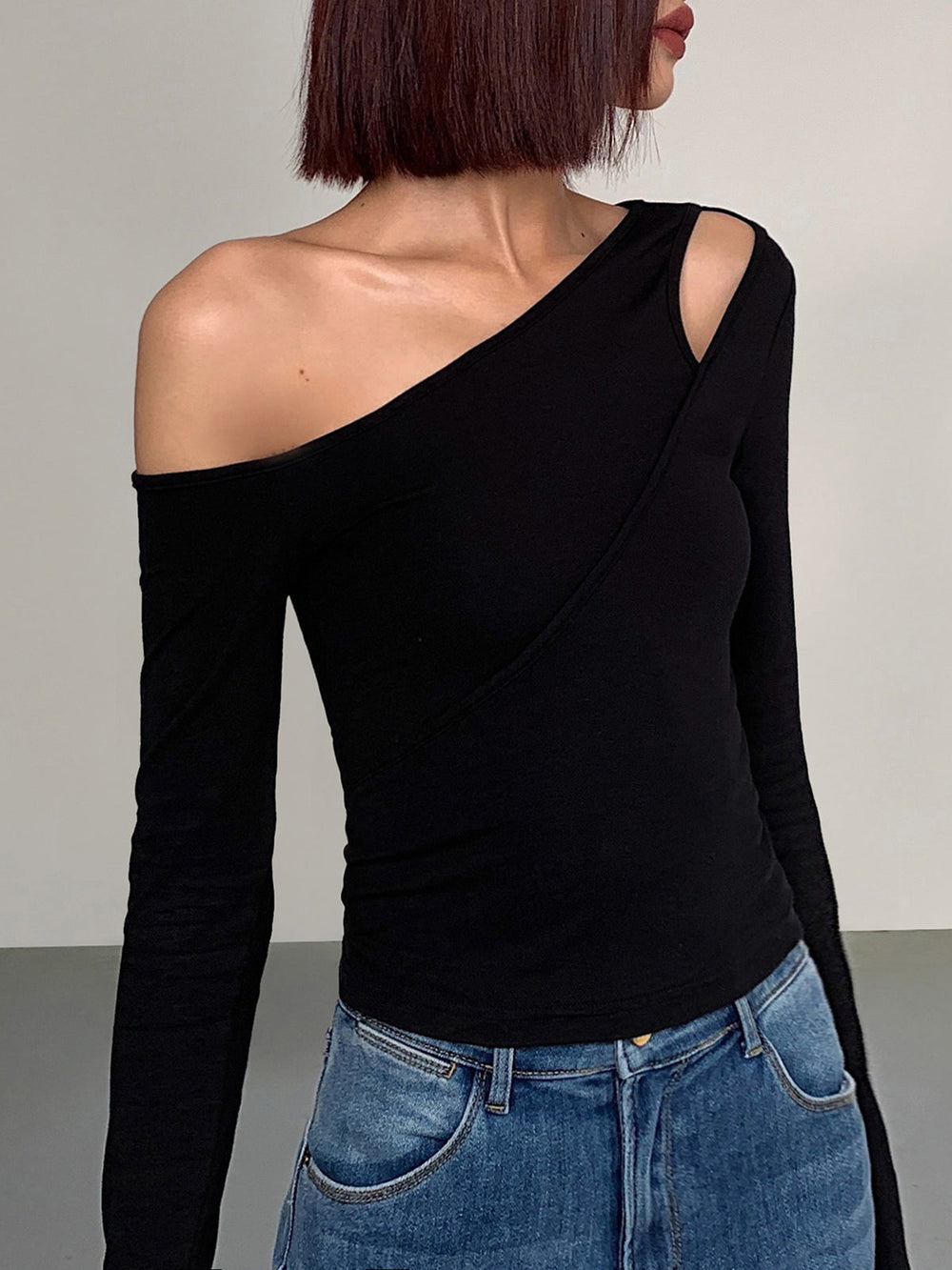 Cut Out Asymmetric Off Shoulder Slinky Long Sleeve Shirt  Liora Lane Boutique T-Shirts