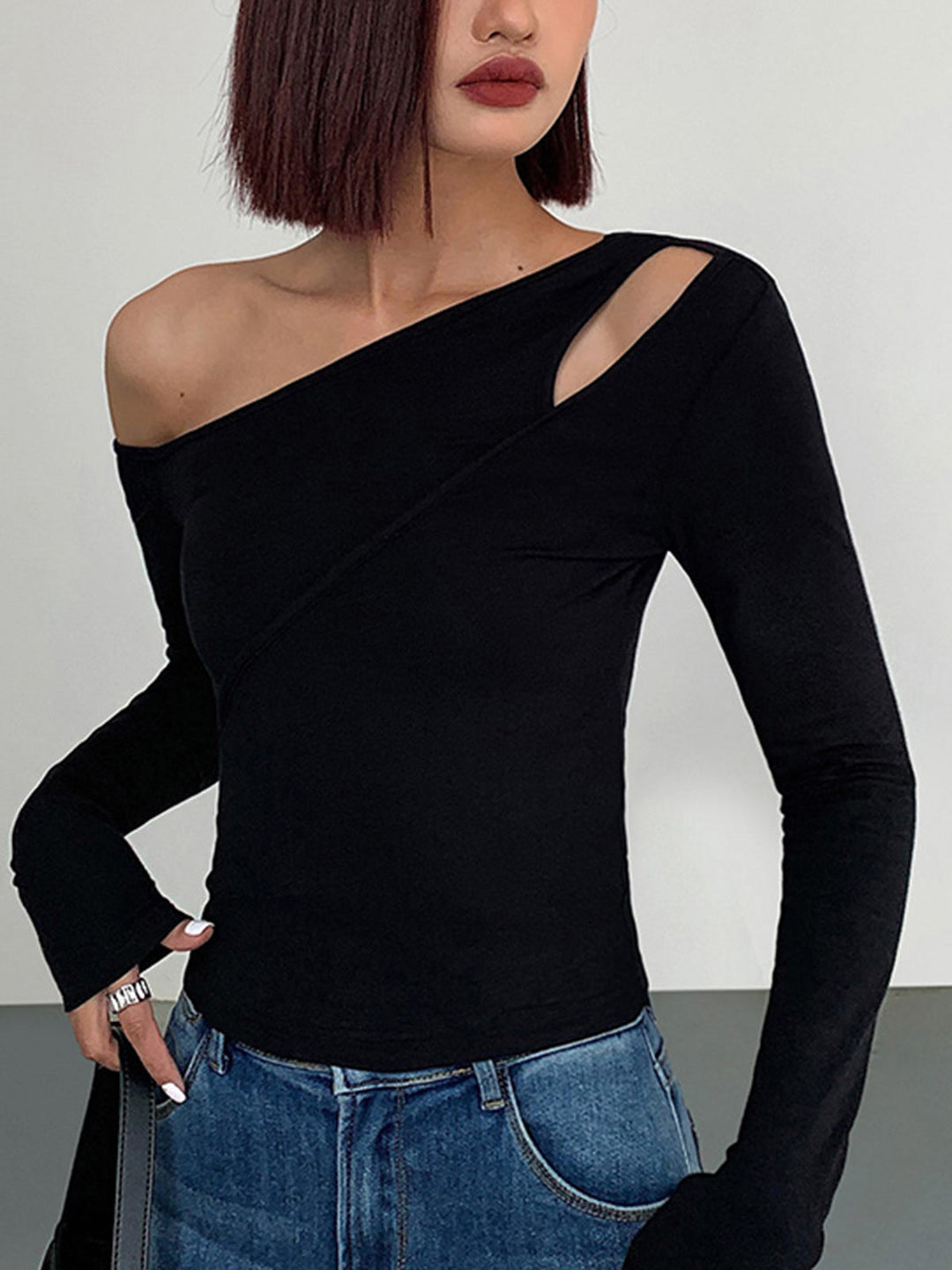 Cut Out Asymmetric Off Shoulder Slinky Long Sleeve Shirt  Liora Lane Boutique T-Shirts