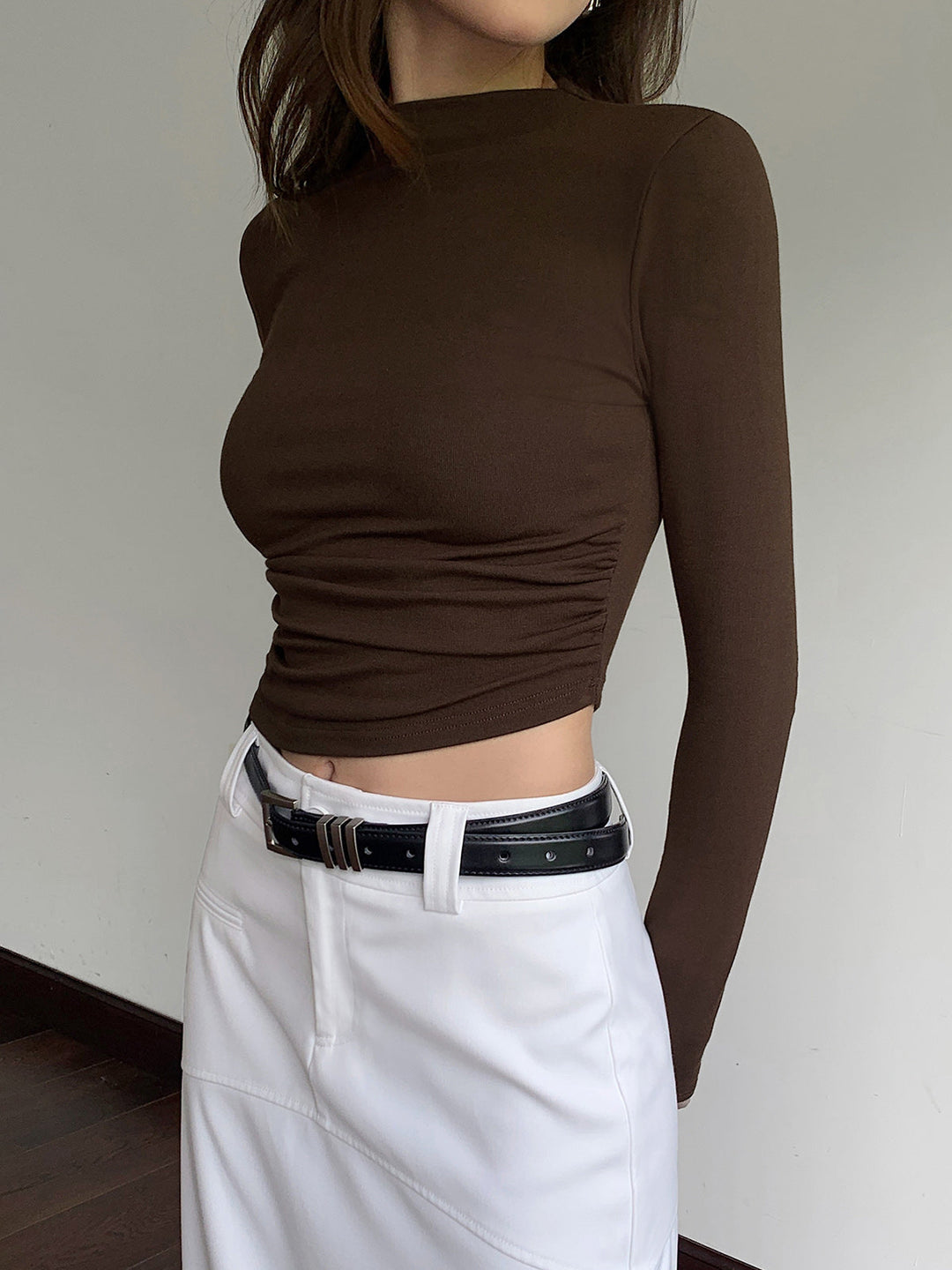 Mock Neck Slinky Long Sleeve Ribbed Knit Crop Shirt  Liora Lane Boutique T-Shirts Brown / XL 24.00
