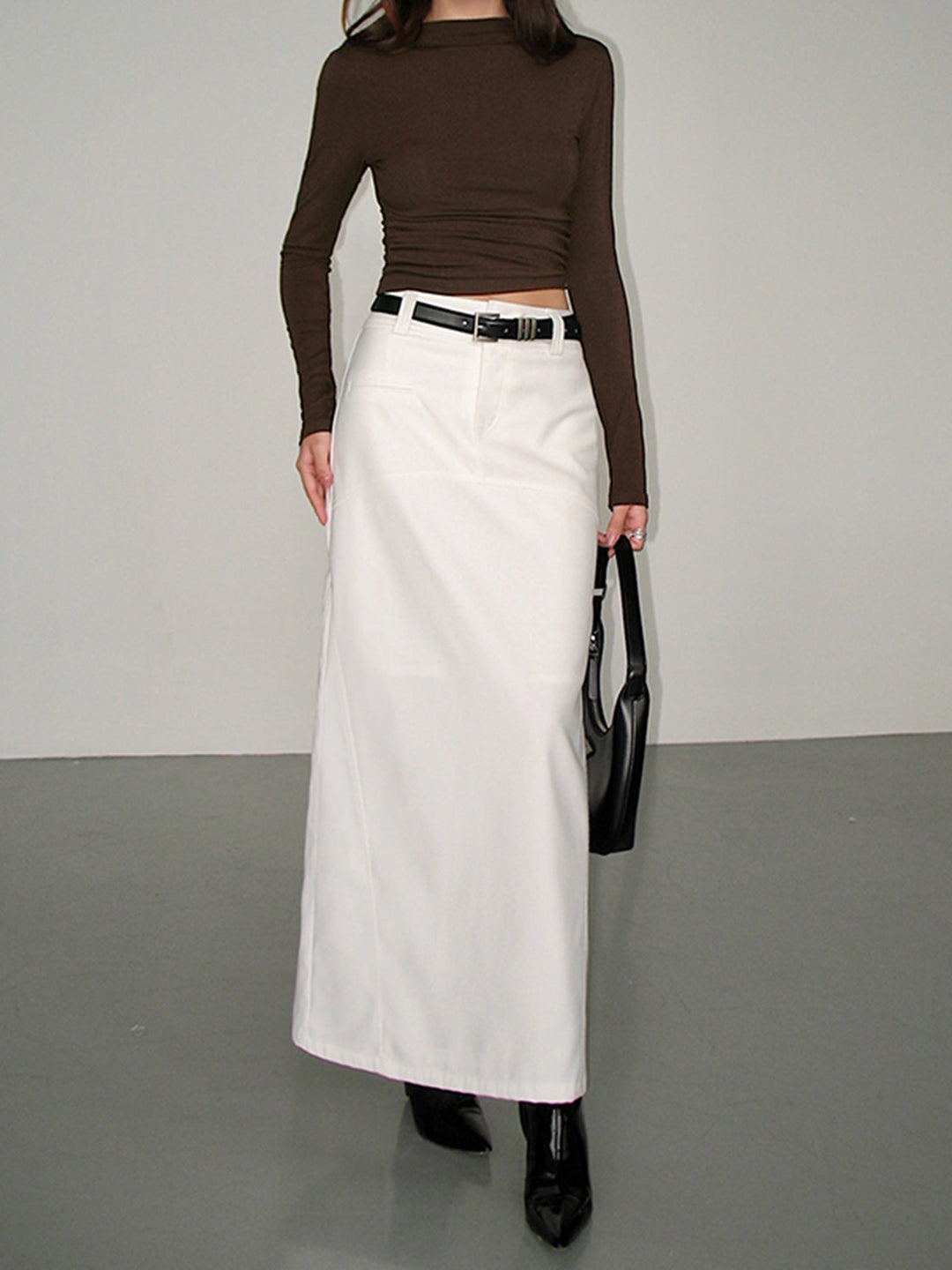 Mock Neck Slinky Long Sleeve Ribbed Knit Crop Shirt  Liora Lane Boutique T-Shirts