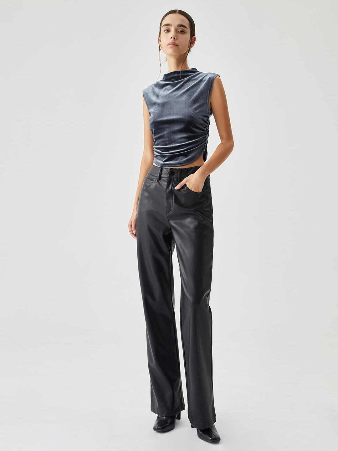 Velvet Draped Mock Neck Sleeveless Crop Top  Liora Lane Boutique T-Shirts