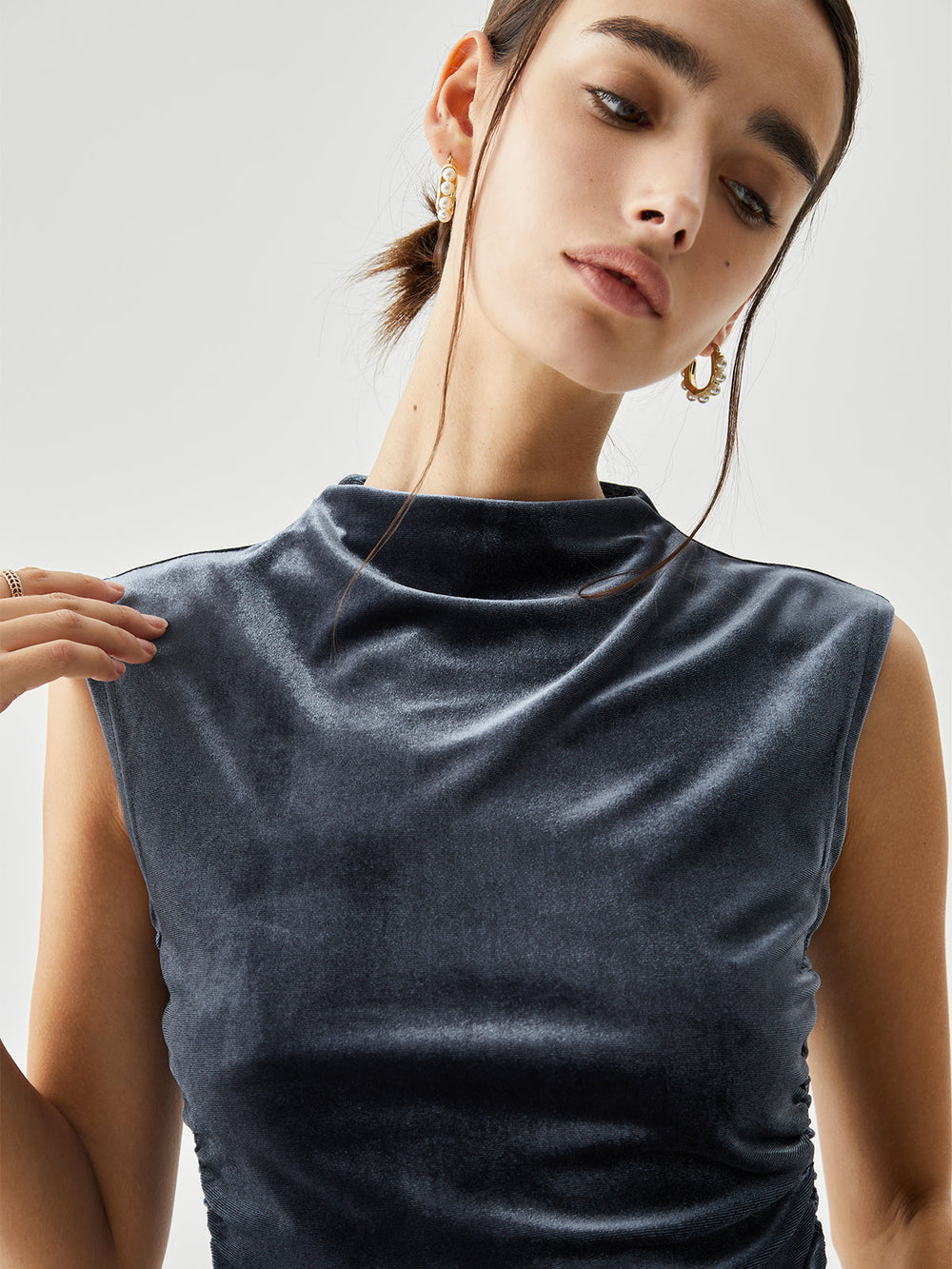 Velvet Draped Mock Neck Sleeveless Crop Top  Liora Lane Boutique T-Shirts