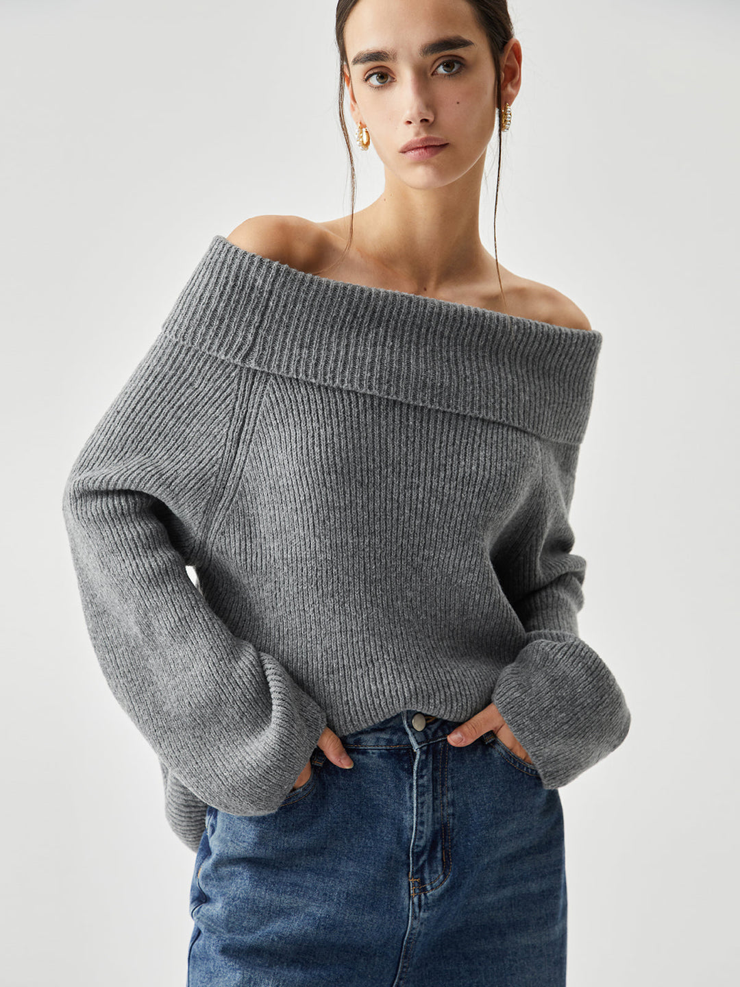 Oversized Overfold Off Shoulder Knit Sweater  Liora Lane Boutique Sweaters Grey / XL 44.00