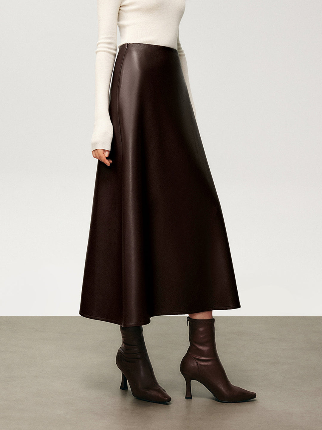 Pleated Faux Leather Midi Skirt  Liora Lane Boutique Skirts Brown / XL 38.00