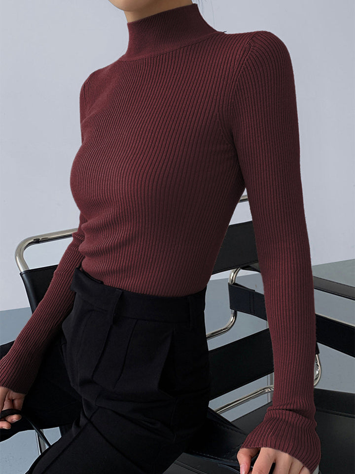 Mock Neck Rib Long Sleeve Knit Top  Liora Lane Boutique Knit Tops Burgundy / XL 28.00