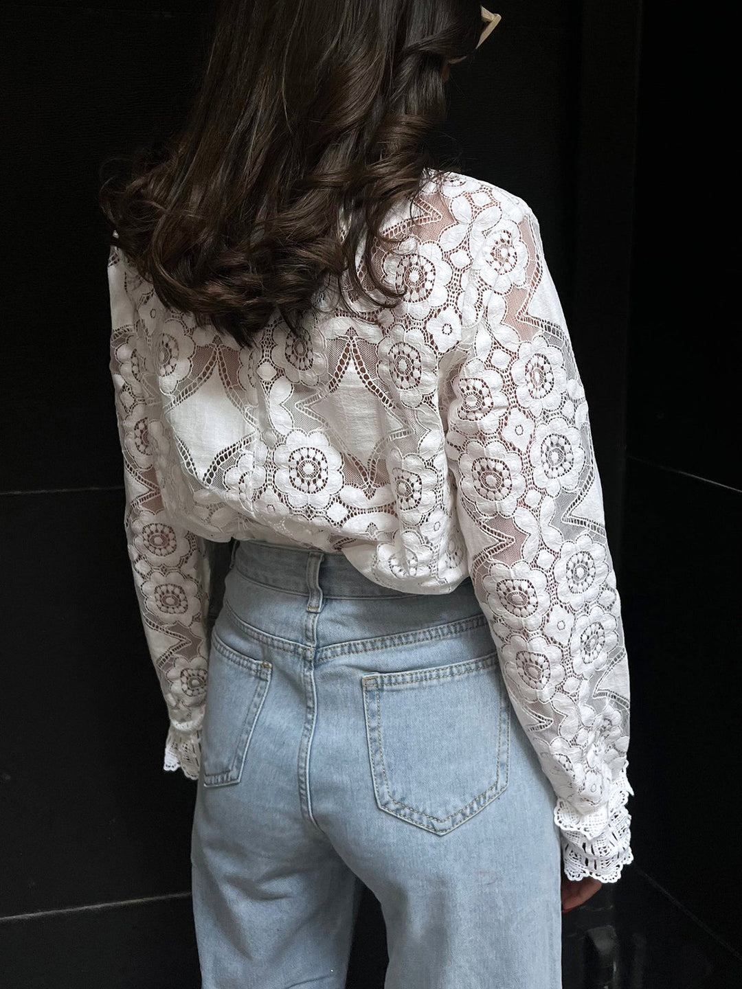 Semi-Sheer Lace Embroidery Floral Mock Neck T-Shirt  Liora Lane Boutique T-Shirts