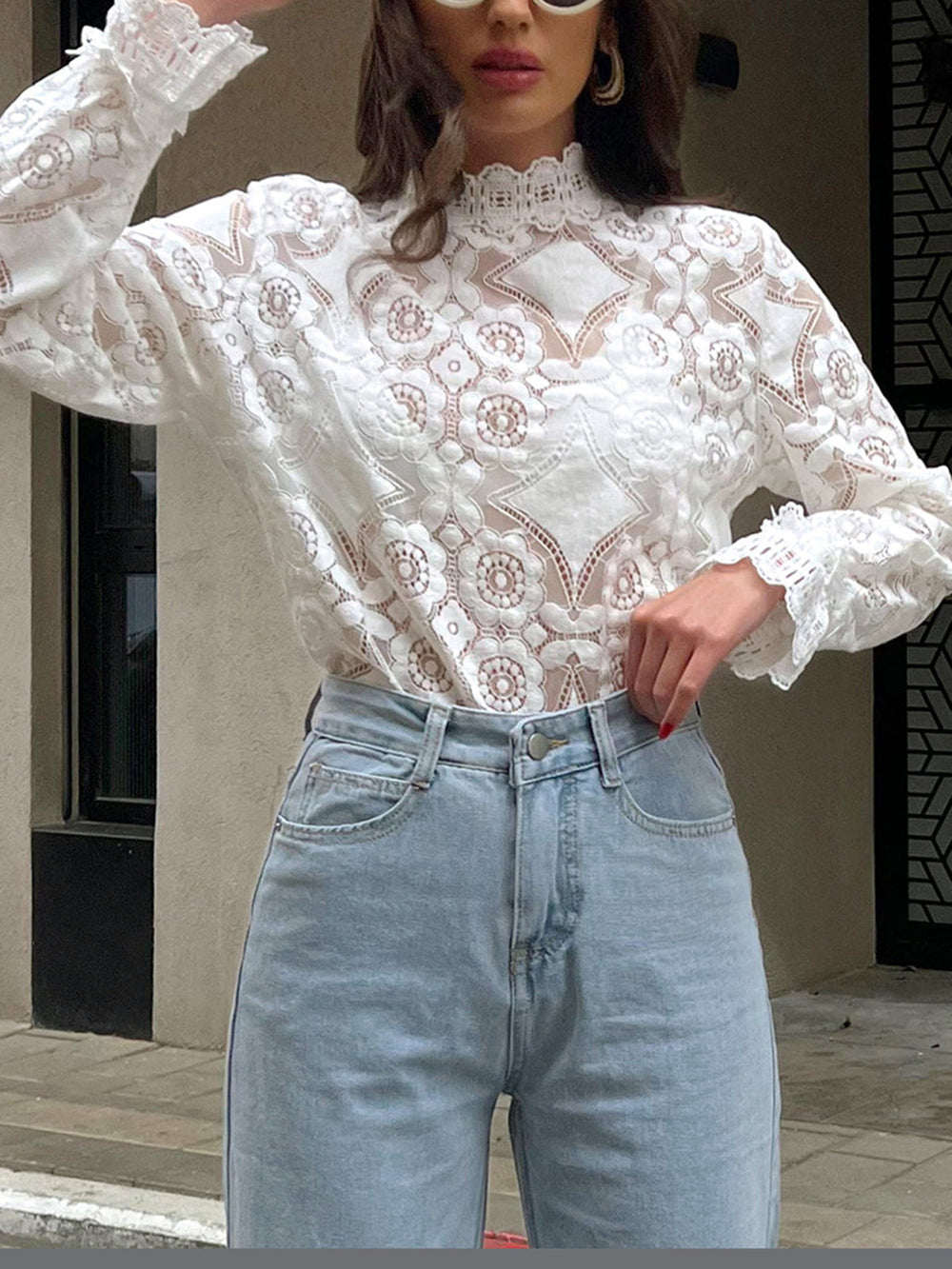 Semi-Sheer Lace Embroidery Floral Mock Neck T-Shirt  Liora Lane Boutique T-Shirts