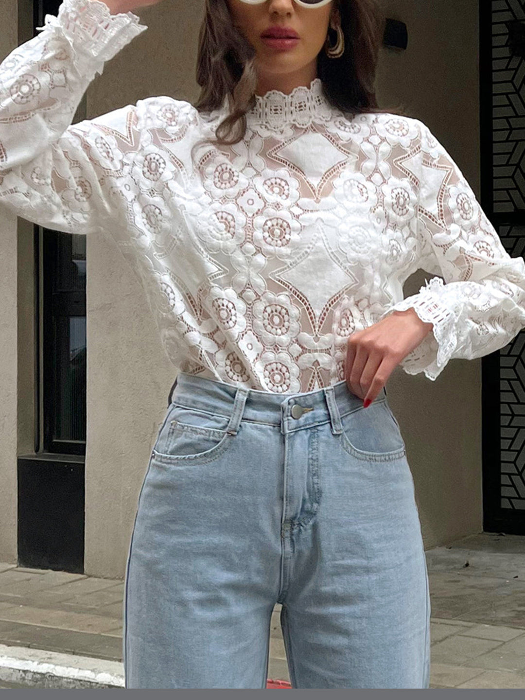 Semi-Sheer Lace Embroidery Floral Mock Neck T-Shirt  Liora Lane Boutique T-Shirts