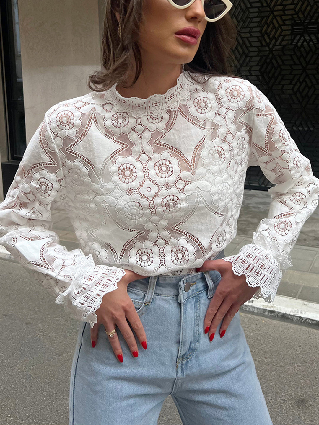 Semi-Sheer Lace Embroidery Floral Mock Neck T-Shirt  Liora Lane Boutique T-Shirts White / XL 26.00