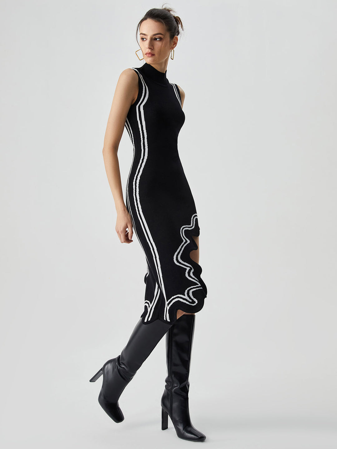 Knit Asymmetric Contrast Trim Mock Neck Midi Dress  Liora Lane Boutique Sweater Dresses Black / XL 122.99