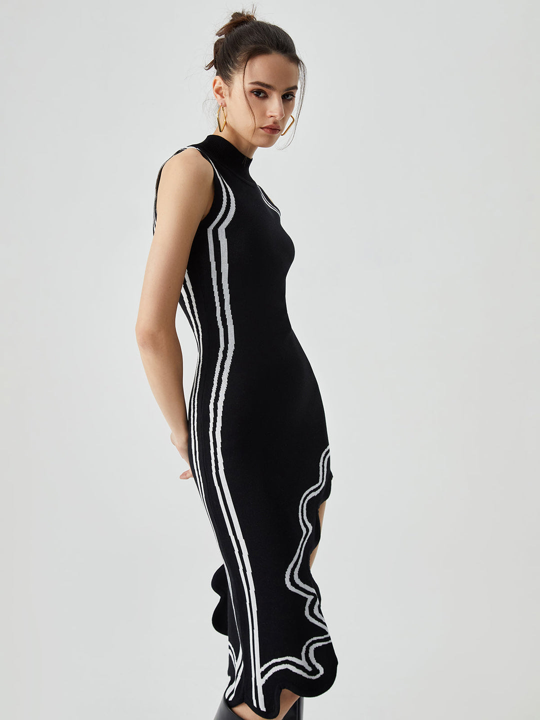 Knit Asymmetric Contrast Trim Mock Neck Midi Dress  Liora Lane Boutique Sweater Dresses