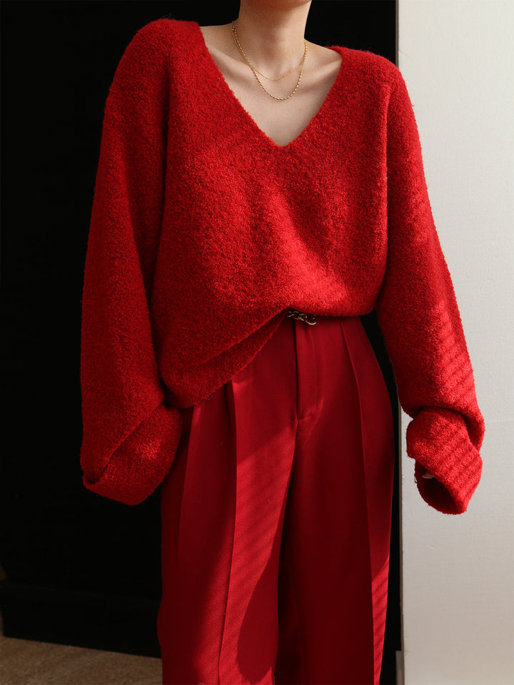 Knit Solid V-neck Long Sleeve Sweater  Liora Lane Boutique Sweaters Red / XL 76.00