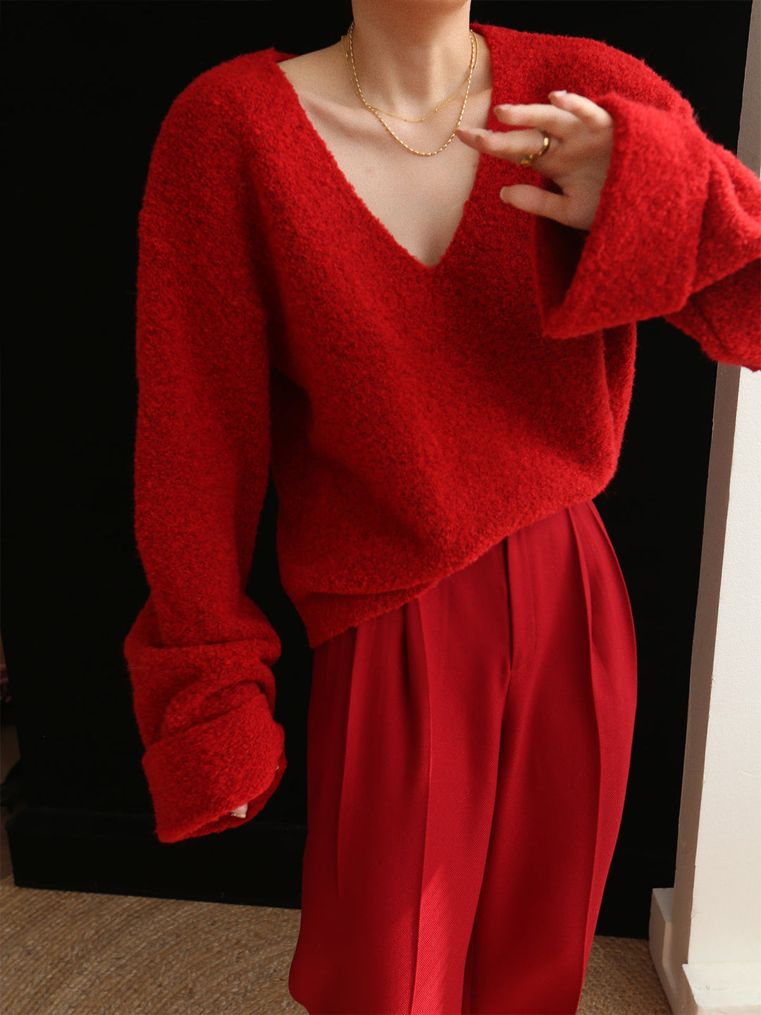 Knit Solid V-neck Long Sleeve Sweater  Liora Lane Boutique Sweaters