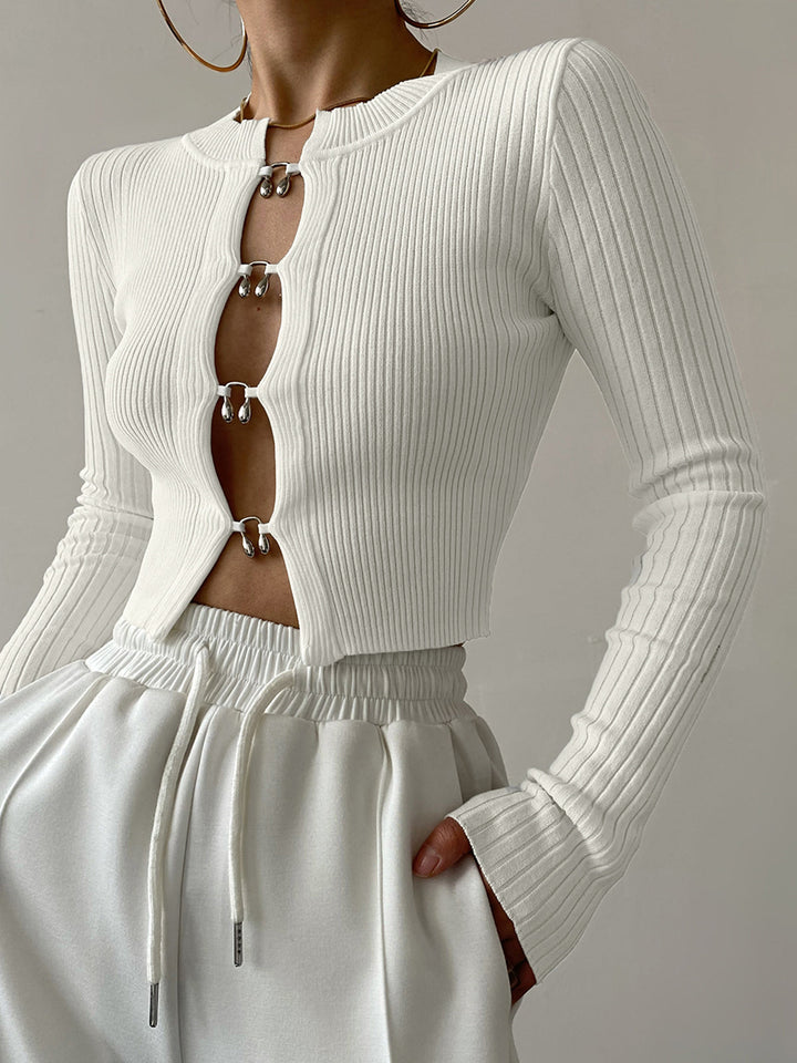 Cutout Split Beads Detail Ribbed Knit Top  Liora Lane Boutique Knit Tops White / XL 32.00
