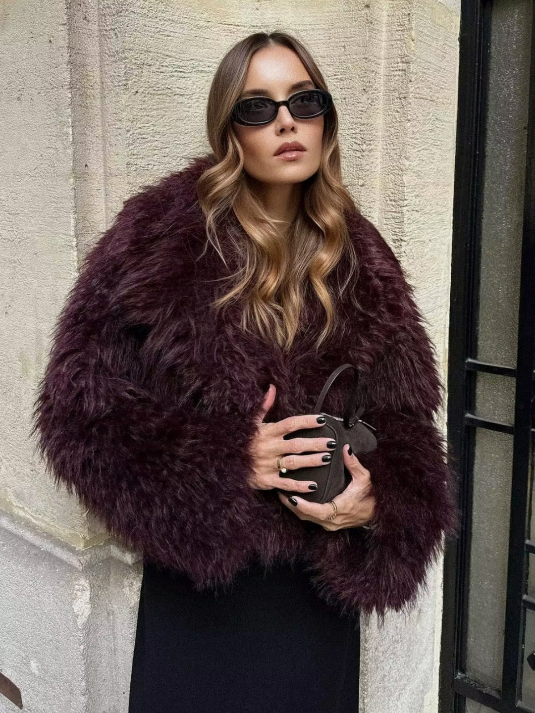 Fuzzy Faux Fur Short Coat  Liora Lane Boutique Women Faux Fur Coats Burgundy / L 88.00