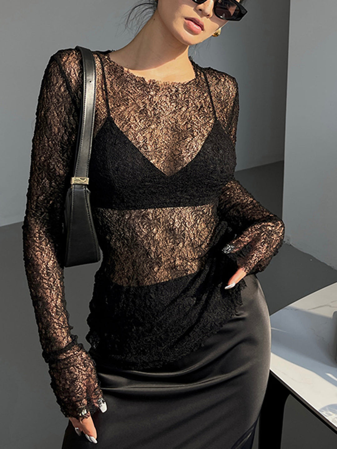 Lace Raw Hem Crew Neck Long Sleeve Top  Liora Lane Boutique T-Shirts