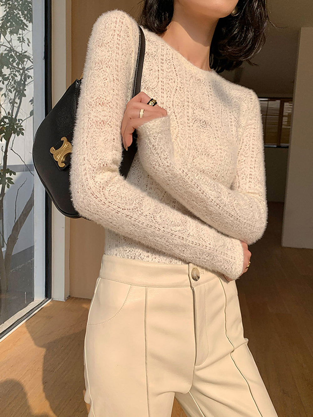 Floral Hollow Knit Crew Neck Long Sleeve Top  Liora Lane Boutique T-Shirts